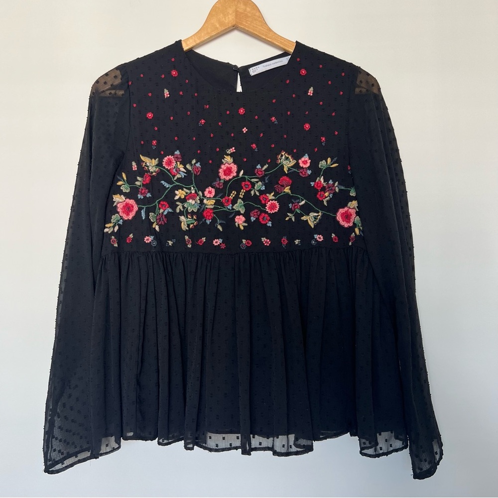 Zara Black Swiss Dot Blouse with Floral Embroidery